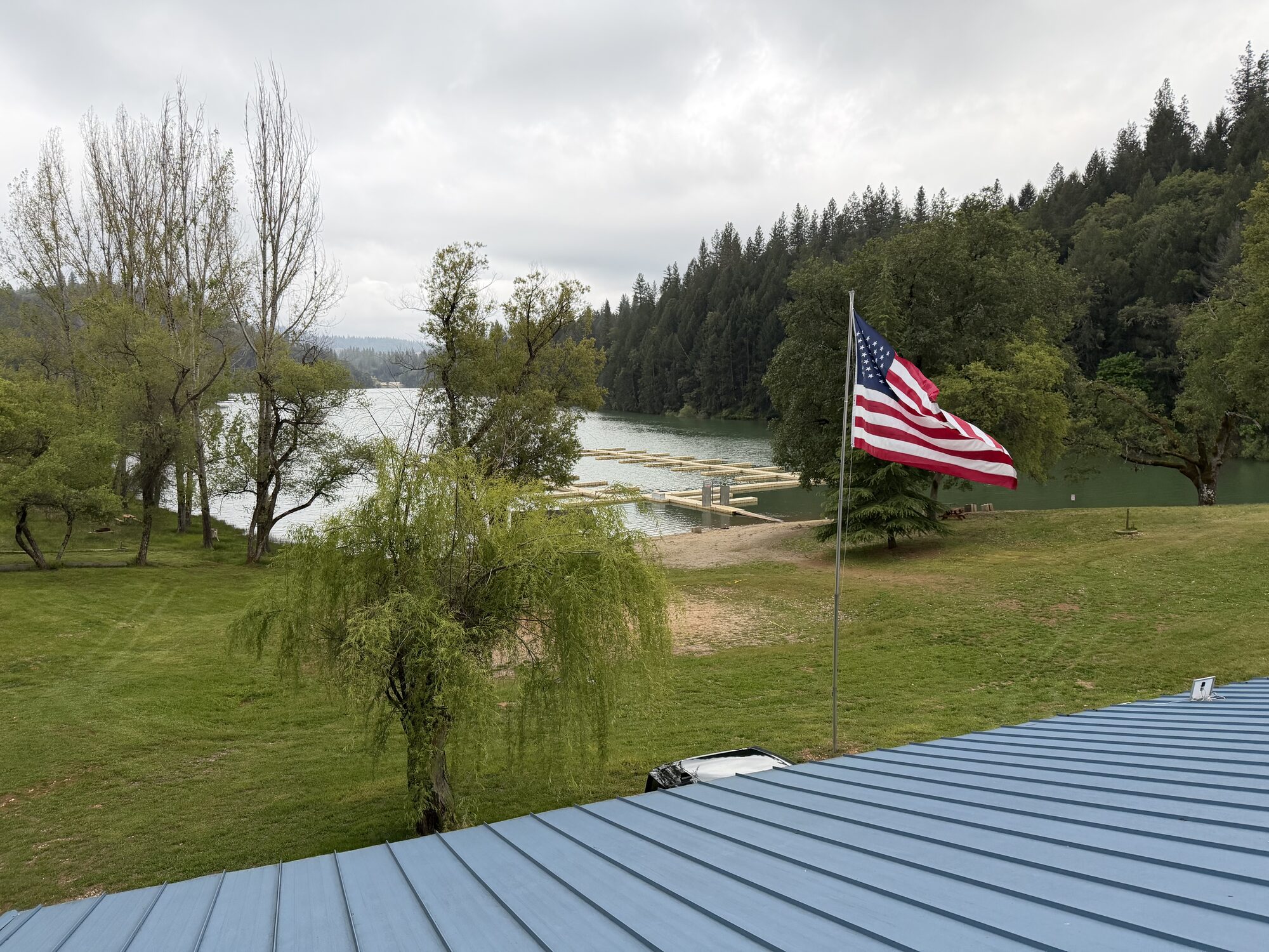 American flag with marina view