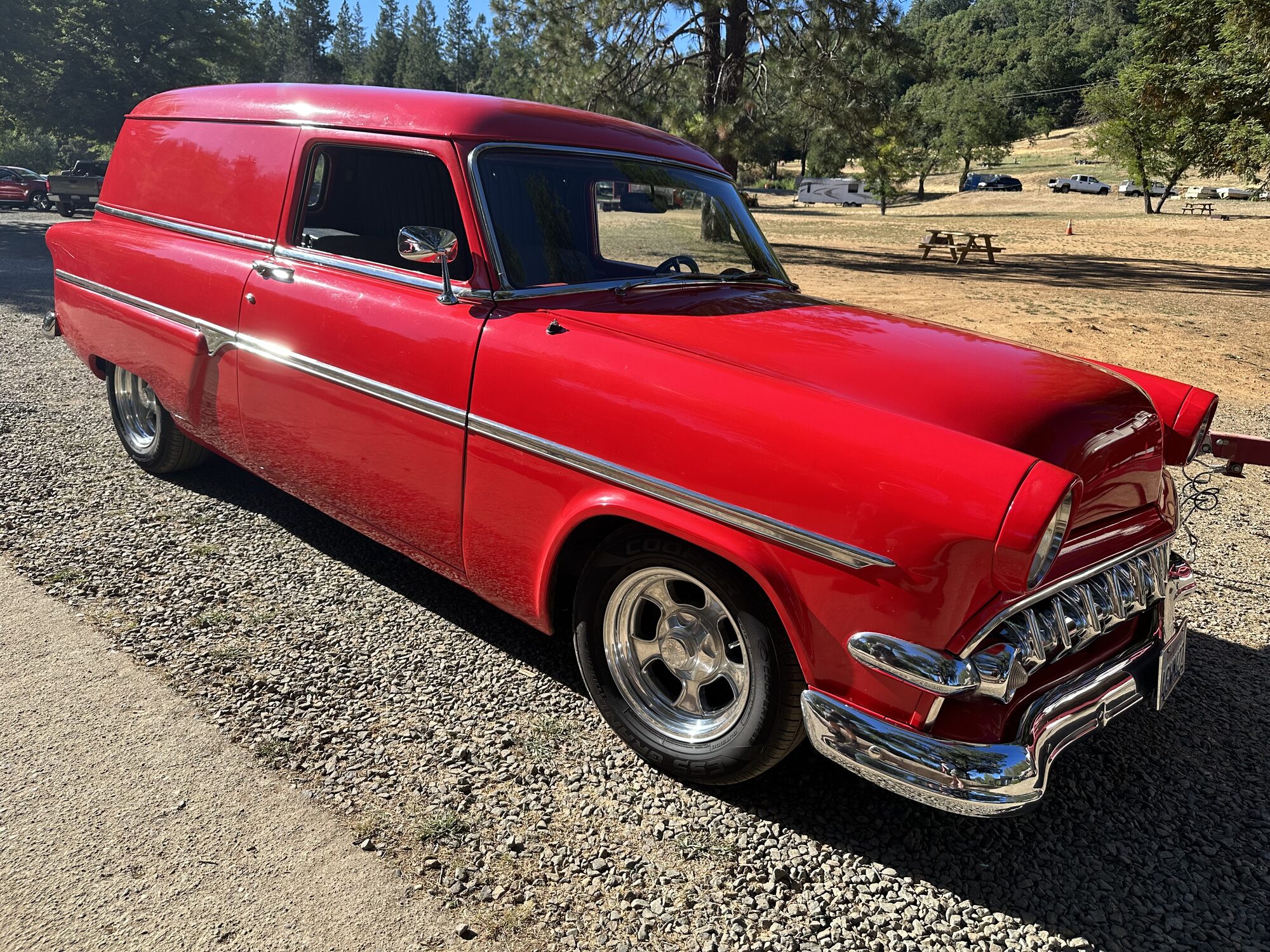 Vintage red 1950s panel truck at Greenhorn Campground